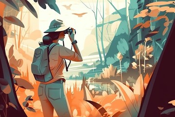 Wall Mural - A Woman Is Taking A Picture Of A Bird In The Woods National Park Color Field Painting Digital Illustration