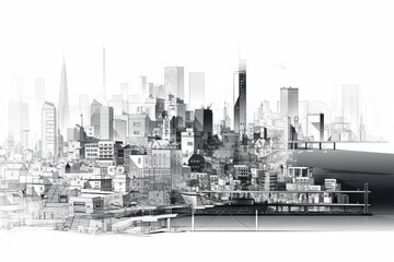 Poster - A Black And White Photo Of A City Skyline With Buildings And Skyscrapers Modern Urban Skyline Photorealism Urban Planning Generative AI 