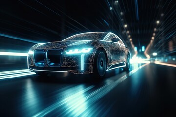 Poster - a car driving through a tunnel with lights on it's sides car dealership animation automotive design 