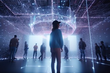 Poster - A Group Of People Standing In A Room With A Large Light Science Museum Kinetic Art Lighting Design
