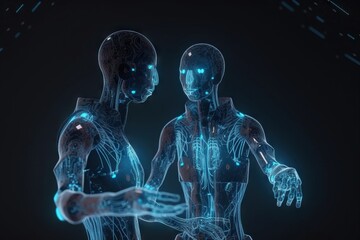 Poster - Two Human Figures Are Shown In A Futuristic Style With Glowing Blue Lights Nightclub Animation Artificial Intelligence Generative AI 