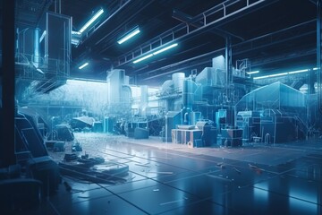 Poster - A Large Industrial Building With A Lot Of Machinery In It's Center Factory Animation Manufacturing Generative AI 
