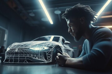 Poster - A Man Is Looking At A Car Model In A Garage With A Blue Light Car Dealership Animation Automotive Design Generative AI 