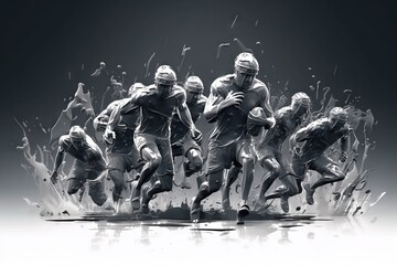 Poster - A Group Of Football Players Running Through A Field With Splashes Of Water Sports Bar Sports Photography Sports Coaching Generative AI 