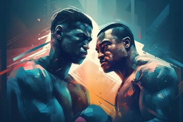 Poster - two men facing each other in a digital painting style one of them is wearing a blue shirt boxing gym