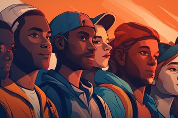 Poster - A Group Of People Standing Next To Each Other In Front Of A Sunset Hostel Graphic Design Diversity And Inclusion Generative AI 
