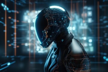 Fototapete - A Futuristic Man In A Suit And Helmet Looking At A Futuristic City Factory Animation Robotics Engineering Generative AI 