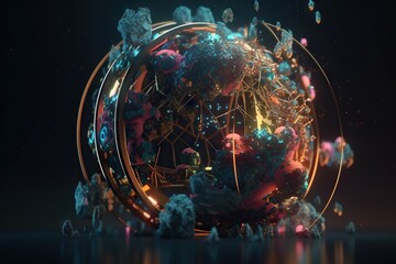 Fototapete - A Colorful Globe With Many Different Objects Floating Around It In The Dark Lunar Landscape Kinetic Art Motion Graphics Generative AI 