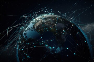 Poster - A Globe With A Network Of Dots And Lines Around It And A Dark Background Deep Sea Trench Panoramic Photography Supply Chain Optimization Generative AI 