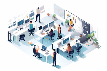 Poster - A Group Of People Working At Computers In An Office Setting With A Large Screen Workshop Graphic Design Infographic Design Generative AI 