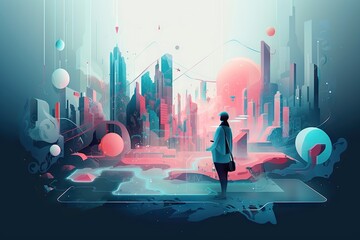 Poster - A Person Standing In Front Of A Digital Screen With A City In The Background City Skyline Digital Art Data Analytics Generative AI 