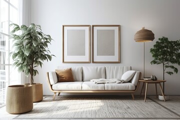 Sticker - Empty picture frame on contemporary living room white wall. Scandi boho interior mockup. Picture copy space. Grey sofa. Generative AI