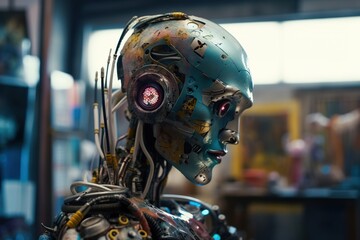Poster - A Robot With A Blue Face And A Red Light On Its Head Junkyard Animation Robotics Engineering