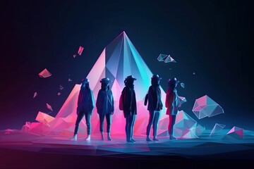 Poster - A Group Of People Standing In Front Of A Pyramid With A Pink And Blue Light Iceberg Stereoscopic Photography Virtual Reality Generative AI 