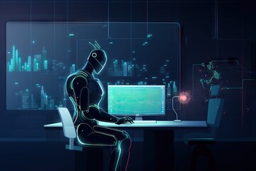 Poster - a man sitting at a desk with a computer in front of him workshop animation robotics engineering gene