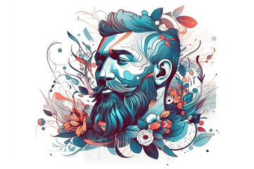 Poster - A Man With A Beard And A Flower In His Hair Is Depicted In This Artistic Illustration Garden Typography Print Design
