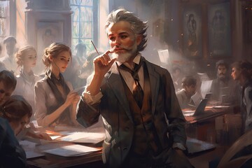 Poster - A Man In A Suit Smoking A Cigarette In Front Of A Group Of People Classroom Renaissance Education Law