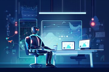 Poster - A Robot Sitting At A Desk In Front Of A Computer Monitor Workshop Graphic Design Hr Analytics Generative AI 
