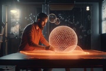 Poster - A Man Sitting At A Table With A Large Sphere In Front Of Him Lunar Landscape Advertising Photography Motion Graphics Generative AI 