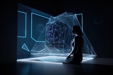 Poster - A Woman Sitting In Front Of A Wall With A Digital Design Workshop Video Art Motion Graphics Generative AI 