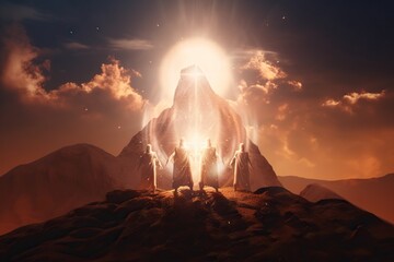 Poster - A Group Of People Standing On Top Of A Mountain Under A Bright Light Mountain Panoramic Photography Energy Healing Generative AI 