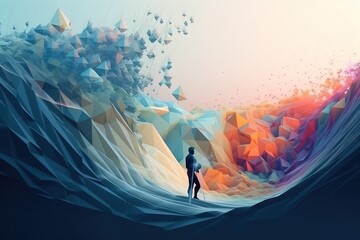Poster - A Man Standing In Front Of A Giant Wave With A Surfboard Glacier Kinetic Art Motion Graphics Generative AI 