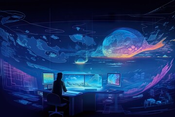 Poster - A Woman Sitting At A Desk In Front Of A Computer Monitor Aquarium Panoramic Photography Computer Graphics