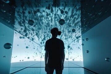 Poster - A Man Standing In Front Of A Large Screen With Balls On It Science Museum Stereoscopic Photography Virtual Reality