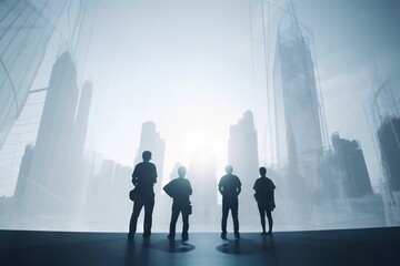 Poster - Three People Standing In Front Of A City Skyline In A Foggy Day Modern Urban Skyline Panoramic Photography Facilities Management Generative AI 
