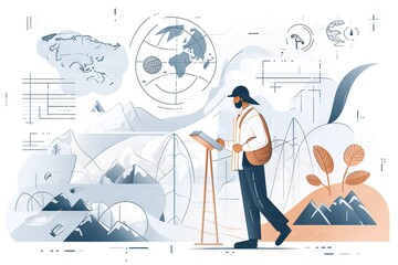 Poster - A Man Standing In Front Of A Map And A Telescope In His Hand Rustic Mountain Trail Environmental Art Infographic Design Generative AI 