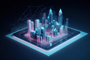 Poster - a futuristic city with a neon glow and a blue background with a neon glow modern city skyline at nig