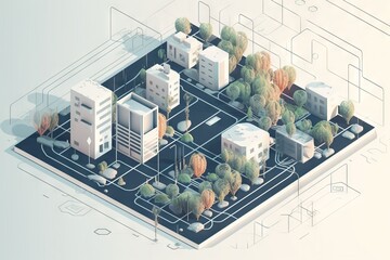 Poster - A City With Trees And Buildings On A Map Of The Area Suburban Cul-de-sac Animation Motion Graphics