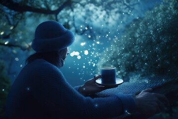 Poster - A Woman Holding A Cup Of Coffee In Her Hands While Sitting On A Bench Coffee Shop Photorealism Motion Graphics Generative AI 