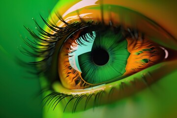 Poster - A Close Up Of A Green Eye With A Yellow Iris And Green Background Rainforest Photorealism Vision