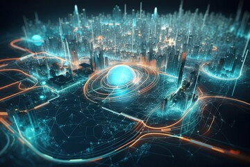 Poster - A Futuristic City With A Blue Light In The Middle Of It Modern Urban Skyline Panoramic Photography Motion Graphics Generative AI 