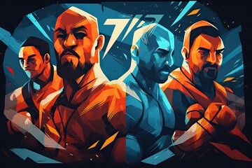 Poster - A Group Of Men Standing Next To Each Other In Front Of A Blue Background Boxing Gym Typography Poster Design Generative AI 