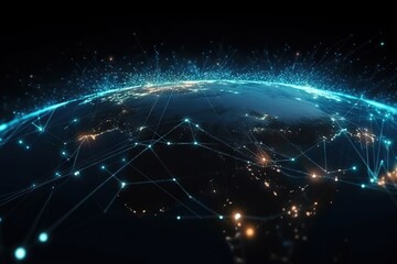 Poster - A Globe With A Network Of Lights On It And A Dark Background Deep Sea Trench Panoramic Photography Supply Chain Optimization Generative AI 