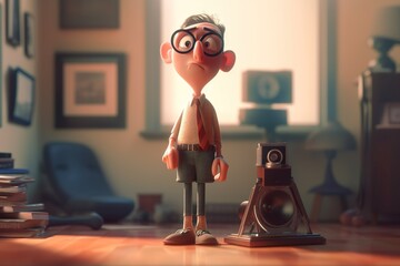 Poster - A Cartoon Character Standing Next To A Camera And A Lamp On A Table Law Office Animation Animation Filmmaking Generative AI 
