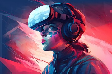Poster - A Woman With Headphones On Her Head And A Red Background Aquarium Stereoscopic Photography Virtual Reality Generative AI 