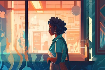 Poster - A Woman Standing In Front Of A Window With A Cup Of Coffee Coffee Shop Digital Art Digital Illustration Generative AI 
