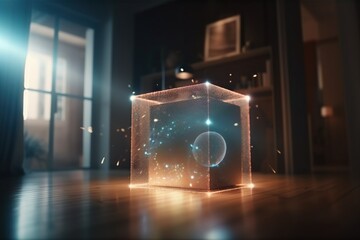 Poster - A Glass Box With A Glowing Light Inside Of It On A Wooden Floor Workshop Animation Motion Graphics