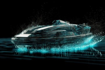 Poster - A Futuristic Boat Floating In The Ocean On A Dark Night With Blue Lights Deep Sea Trench Kinetic Art Motion Graphics Generative AI 