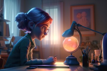 Poster - A Girl Is Looking At A Globe On A Desk With A Lamp Marina Animation Animation Filmmaking