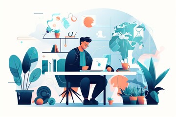 Poster - A Man Sitting At A Table With A Laptop In Front Of Him Workshop Graphic Design Business Writing Generative AI 