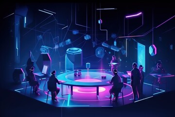 Poster - A Group Of People Standing Around A Table In A Room With Neon Lights Conference Room Video Art Virtual Reality Generative AI 