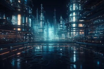 Poster - A Futuristic City With A Lot Of Shiny Metal Pipes And Tanks Factory Animation Manufacturing Planning And Control Generative AI 