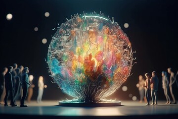 Poster - a group of small figurines standing around a colorful ball amusement park kinetic art motion graphic