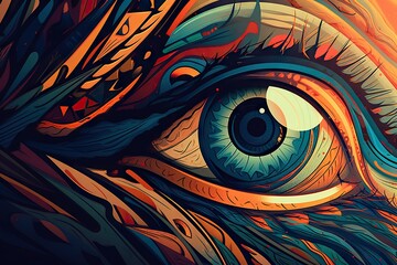 Poster - A Close Up Of A Colorful Eye With A Bright Background And A Pattern Graffiti Wall Typography Print Design Generative AI 