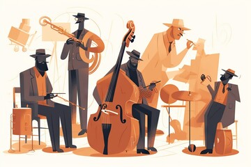 Poster - A Group Of Musicians Are Playing Instruments And Music Instruments In A Jazz Band Bayou Animation Music Performance Generative AI 