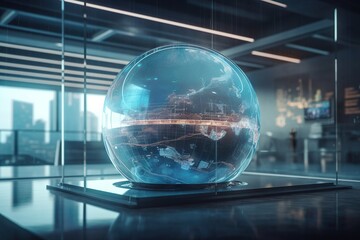 Poster - A Glass Globe With A City In It In A Room With A Window Conference Room Panoramic Photography Motion Graphics Generative AI 